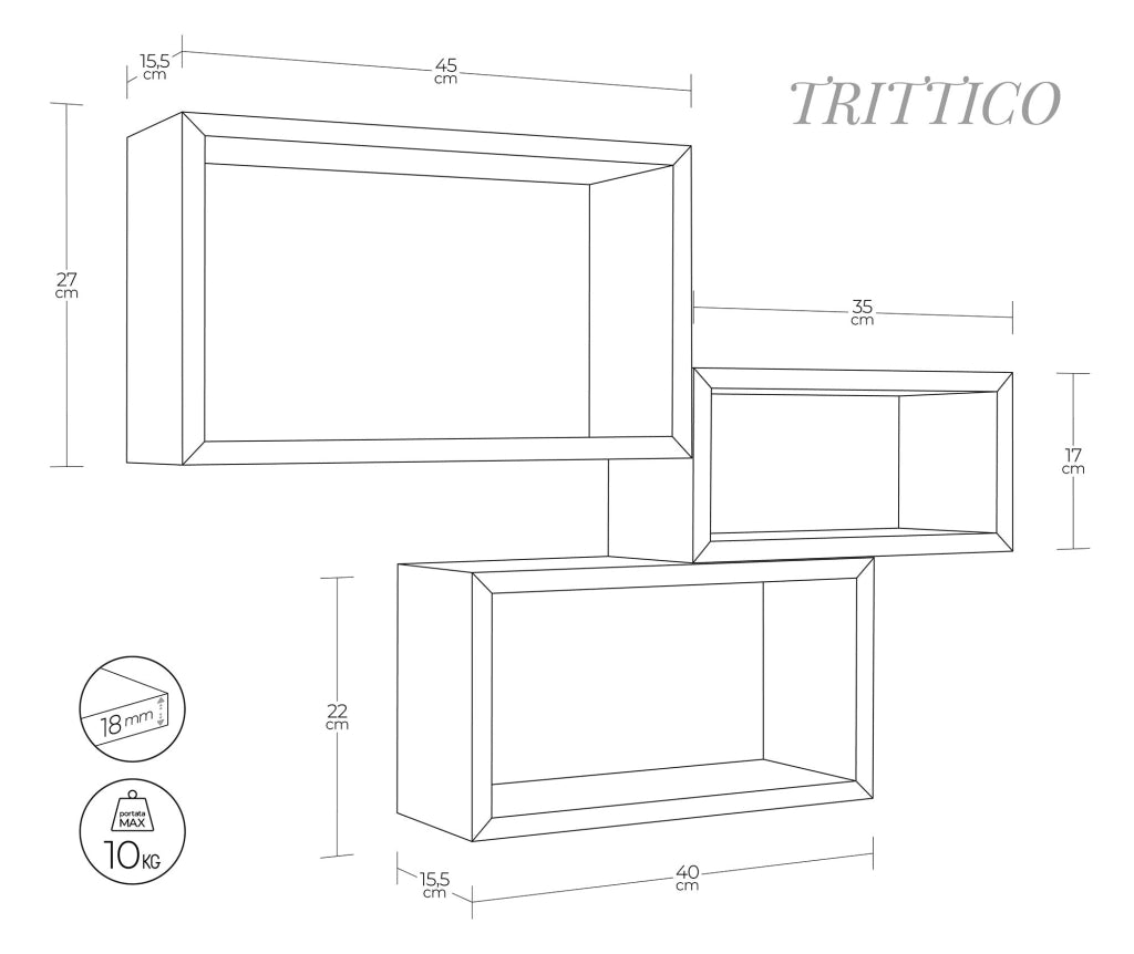 Set 3 Mensole da Parete Rettangolare in Fibra di Legno Trittico Rovere Sagerau
