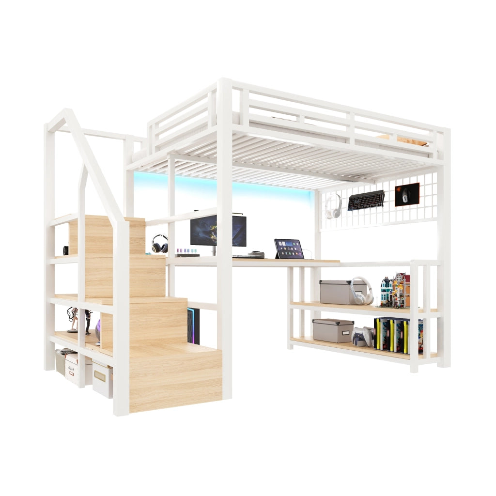 Letto a Soppalco con Scrivania e LED ¨C MINIMAL ¨C Bianco, 140x200, Metallo