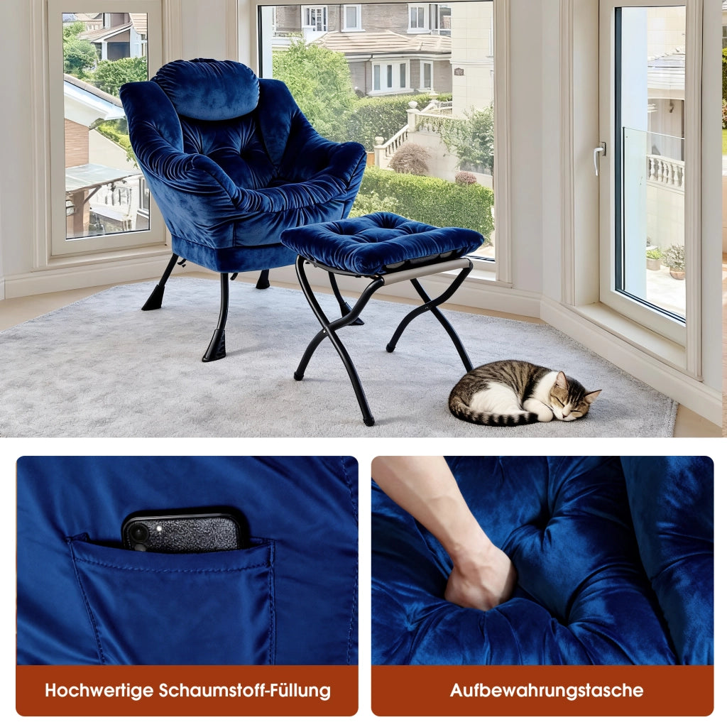 Poltrona relax con pouf, braccioli e tasca laterale in tessuto e metallo, per salotto e camera da letto, blu scuro