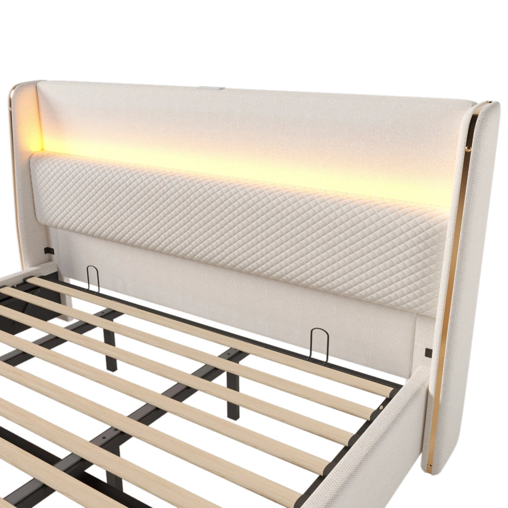 Letto matrimoniale idraulico con testiera alta, LED e porte USB/Type-C