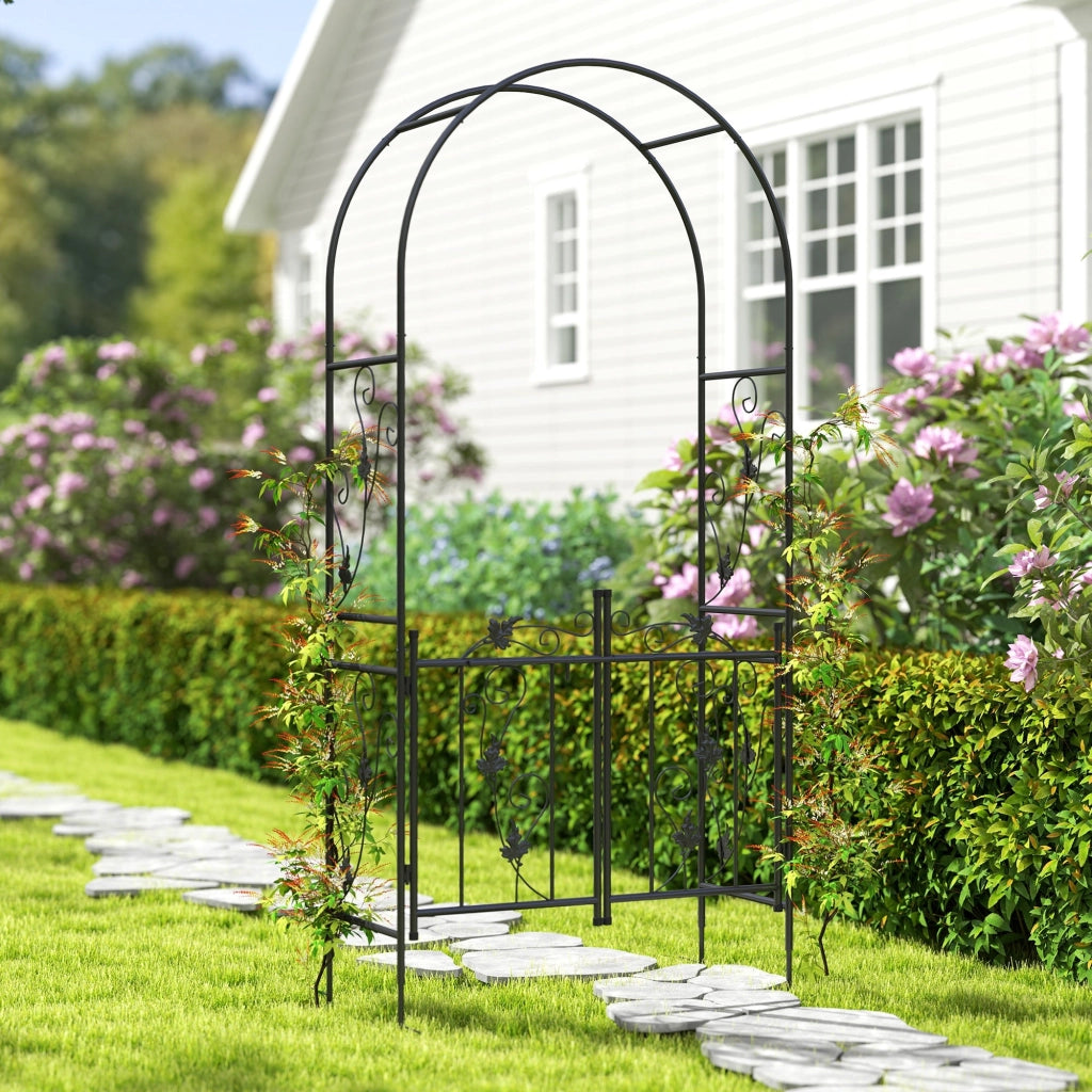 Arco da Giardino con Cancello 107x45x217 cm Traliccio per Piante Rampicanti in Metallo Nero