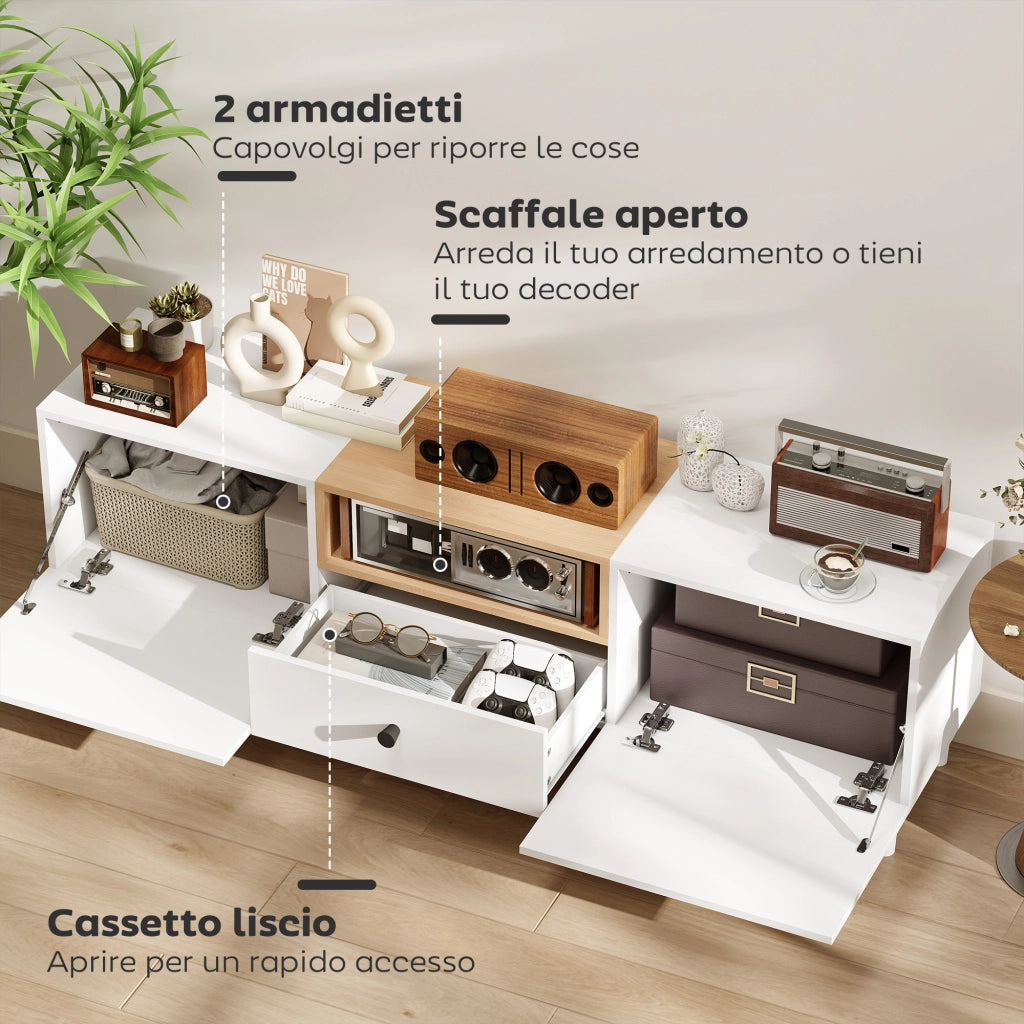 Mobile TV con Ante a Ribalta, Cassetto e Scaffale Aperto ¨C Minimal ¨C Bianco e Legno 150x35x45 cm