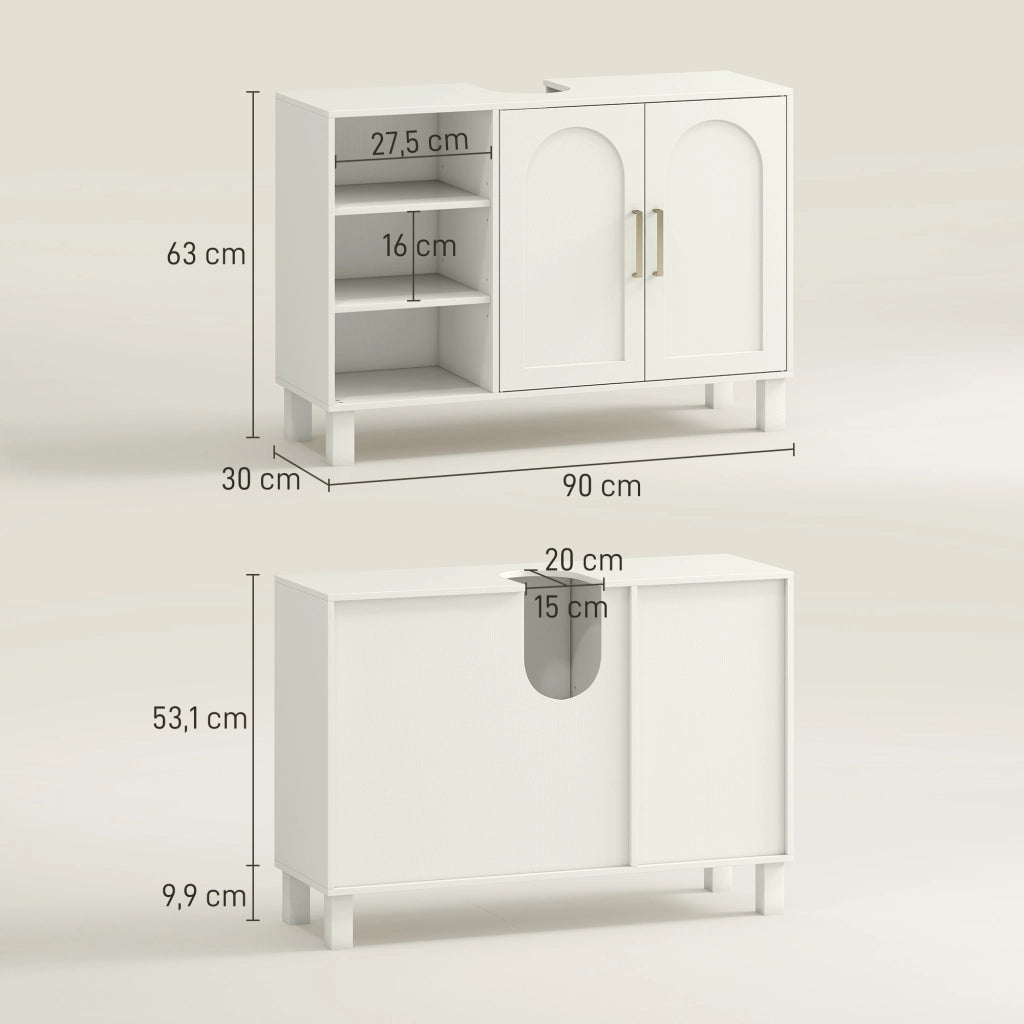 Mobile sottolavabo da bagno ¨C Xylo ¨C 2 ante, ripiani regolabili, 90x30x63 cm, crema