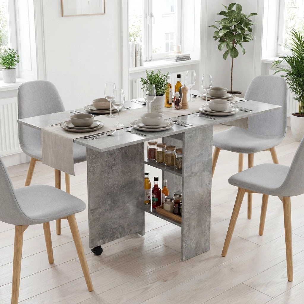Tavolo da Pranzo Pieghevole con Ripiani, Ribalta e Ruote, Grigio Cemento