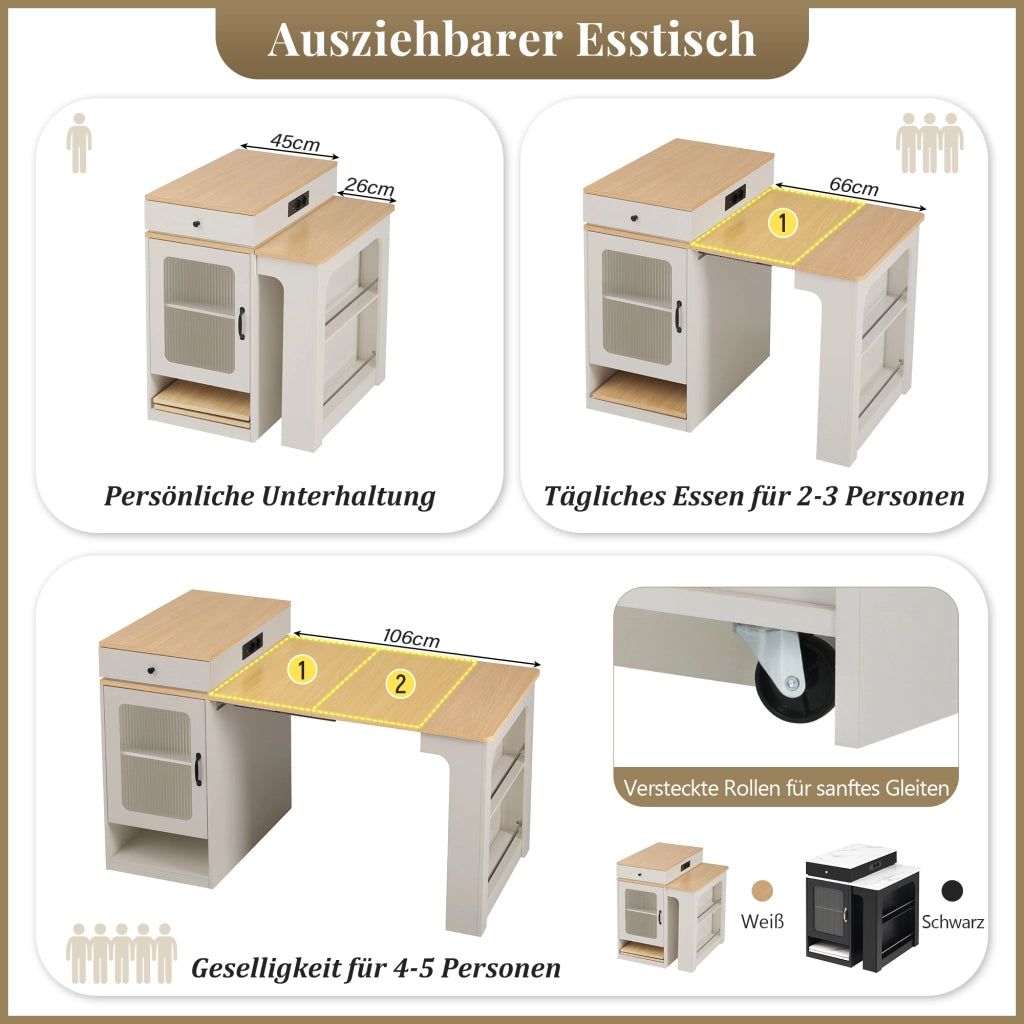 Tavolo allungabile con cassetto, vani contenitore e prese integrate per cucina e sala da pranzo, bianco e naturale