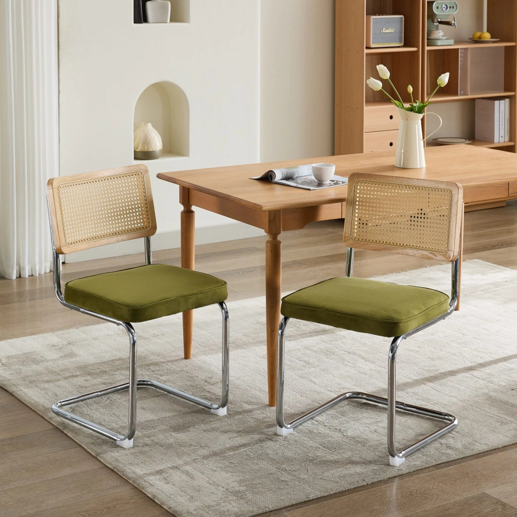 Set 2 Sedie da Pranzo in Velluto con Schienale in Rattan ¨C Xylo ¨C Verde, Gambe Cromate