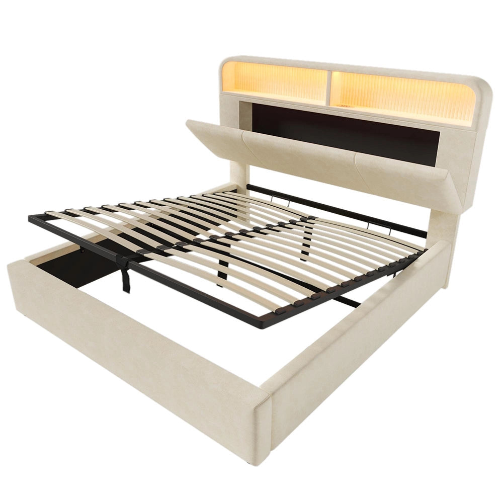 Letto Matrimoniale Idraulico 140x200cm - Xylo - Testiera Regolabile LED con USB, Velluto Beige