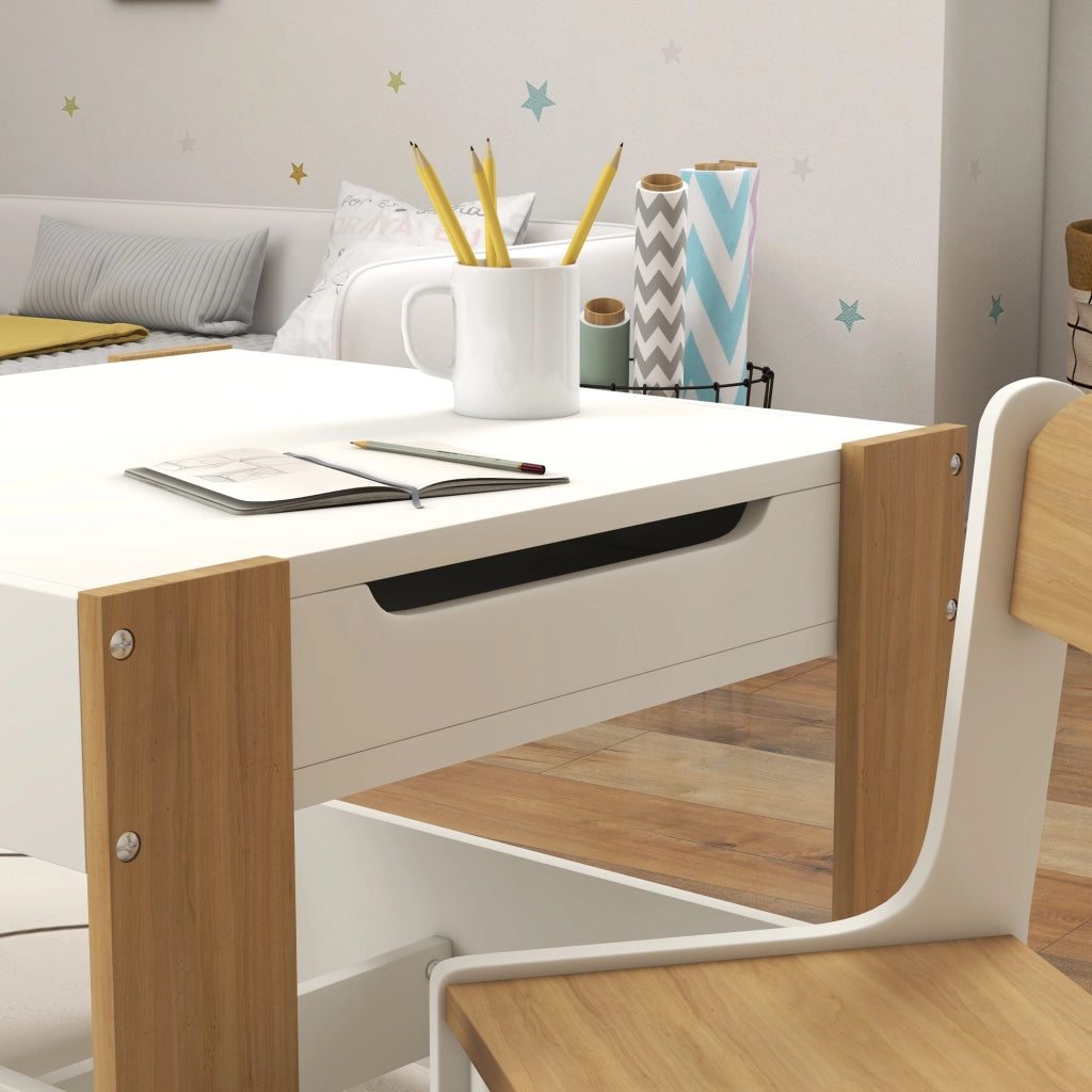 Tavolo per Bambini con Sgabelli e Pannello ¨C Minimal ¨C Bianco e Naturale 90x50x55