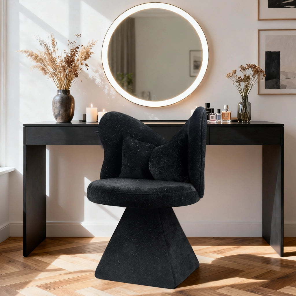 Sedia girevole imbottita in chenille nero con base triangolare stabile, senza braccioli, per soggiorno, sala da pranzo e spazi beauty