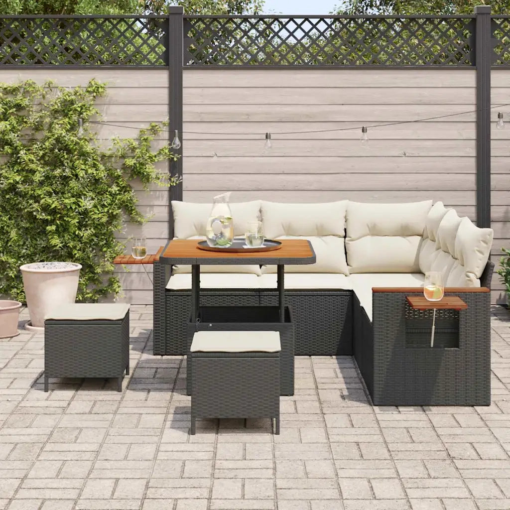 Set Divano da Giardino 9 pcs Nero e Crema polyrattan