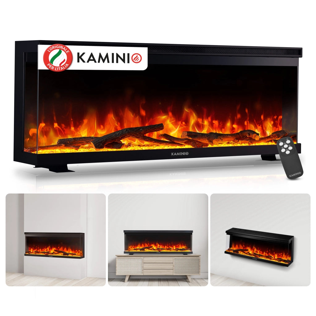 KAMINIO Camino elettrico LEA - Camino 3 in 1 con vista panoramica, riscaldamento, effetto fiamma, 12 colori delle fiamme, telecomando - 42 pollici