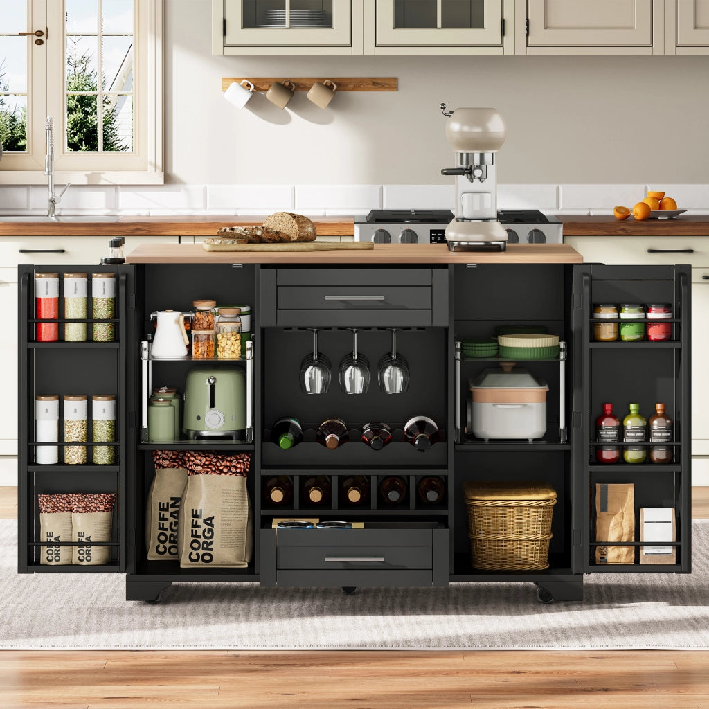Carrello da Cucina Multifunzione con Piano Pieghevole, Portabottiglie, Portabicchieri ¨C Xylo ¨C Nero, 120x45x92 cm