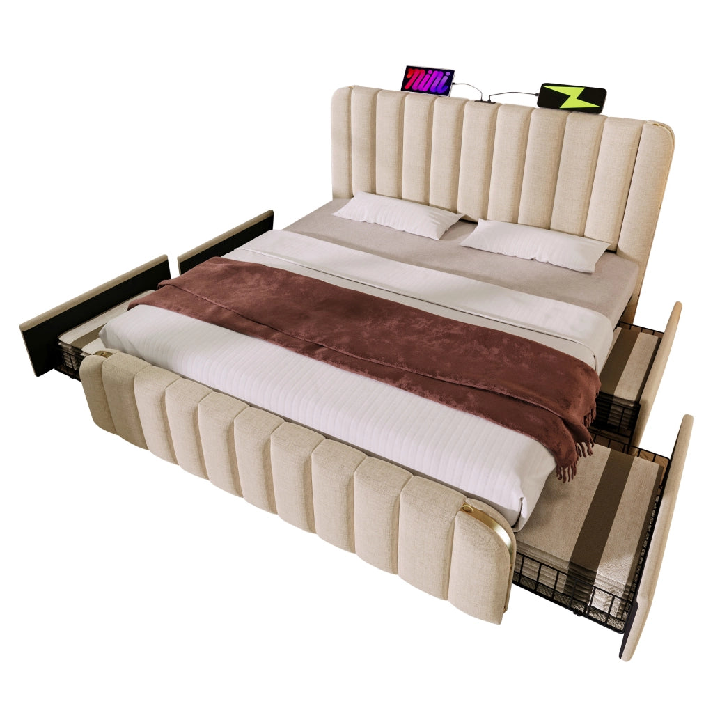 Letto contenitore matrimoniale 160×200 cm con 4 cassetti; USB Type-C e testiera imbottita; materasso incluso; beige