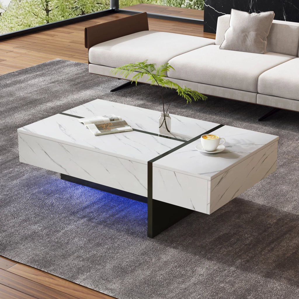 OKWISH Tavolino da Salotto Moderno con 3 Cassetti e LED tramite App, 105 x 60 x 35 cm, Pannelli di Truciolare, Bianco