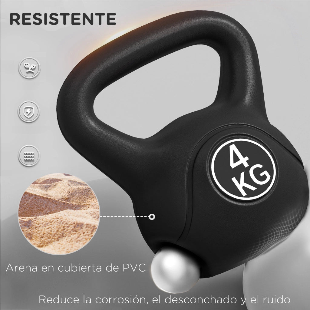 Kettlebell 4 kg ¨C Xylo ¨C Base Piatta, Impugnatura Larga, Riempimento Sabbia 18x12x20 cm Nero