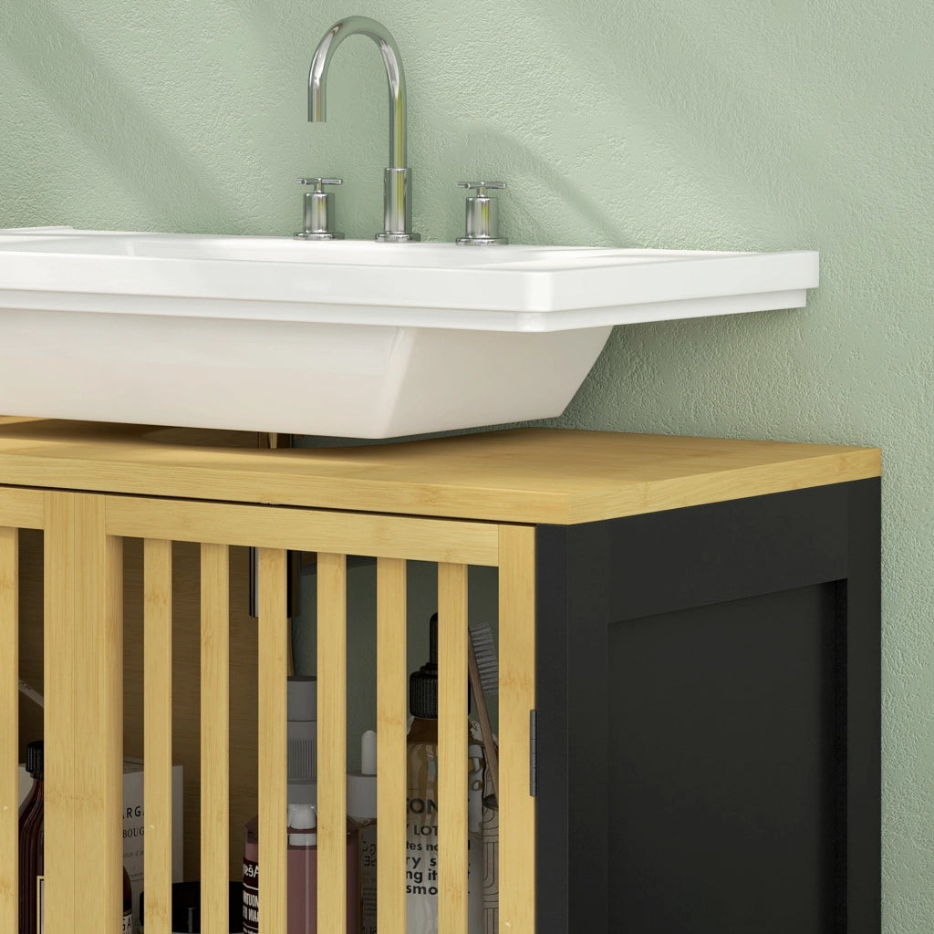 Mobile Sottolavabo Bagno con 2 Ante a Doghe 60x30x70 cm in Legno di Bambù e MDF con Intaglio a U Legno Naturale e Nero