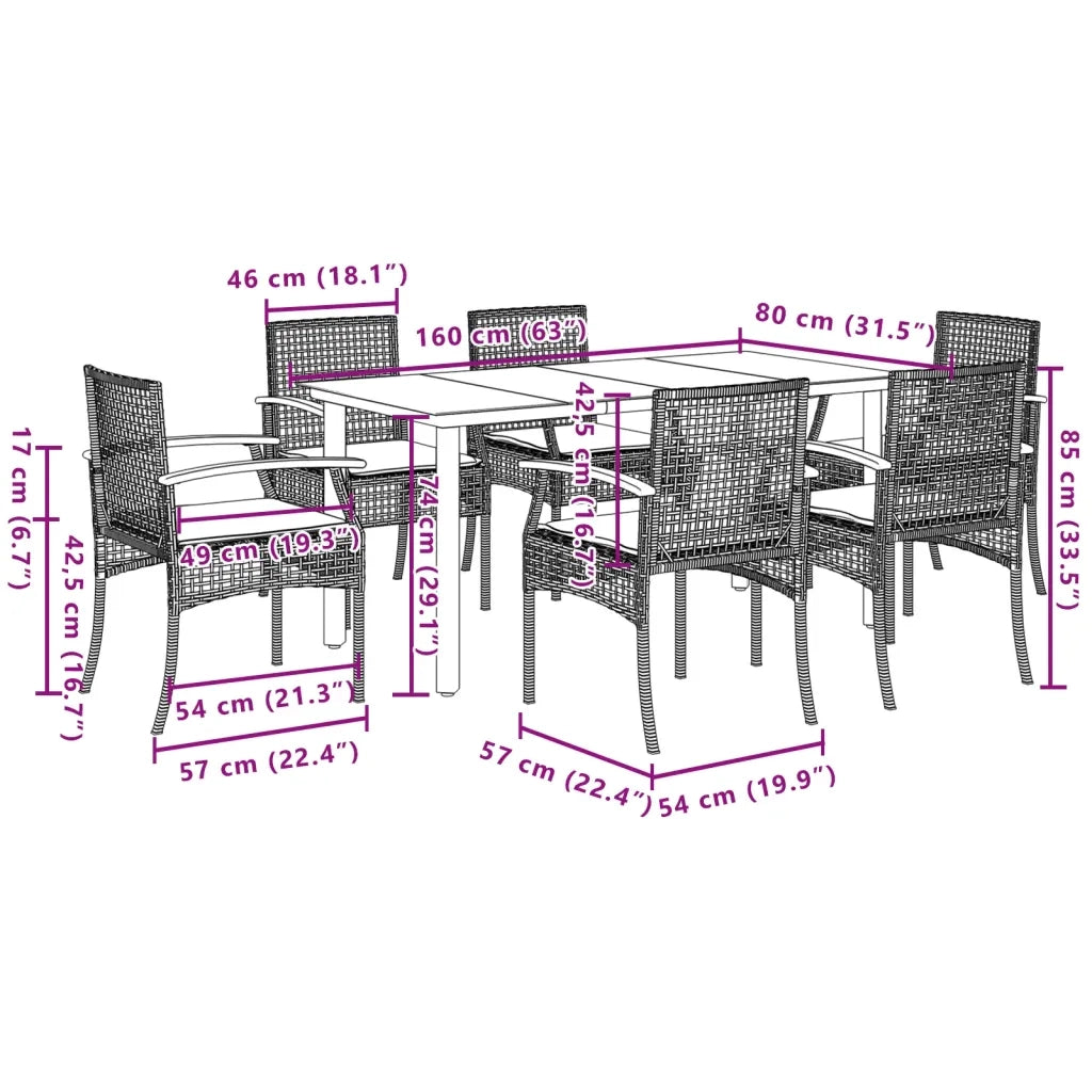 Set da Pranzo da Giardino 7 pz con Cuscini in Polyrattan Grigio