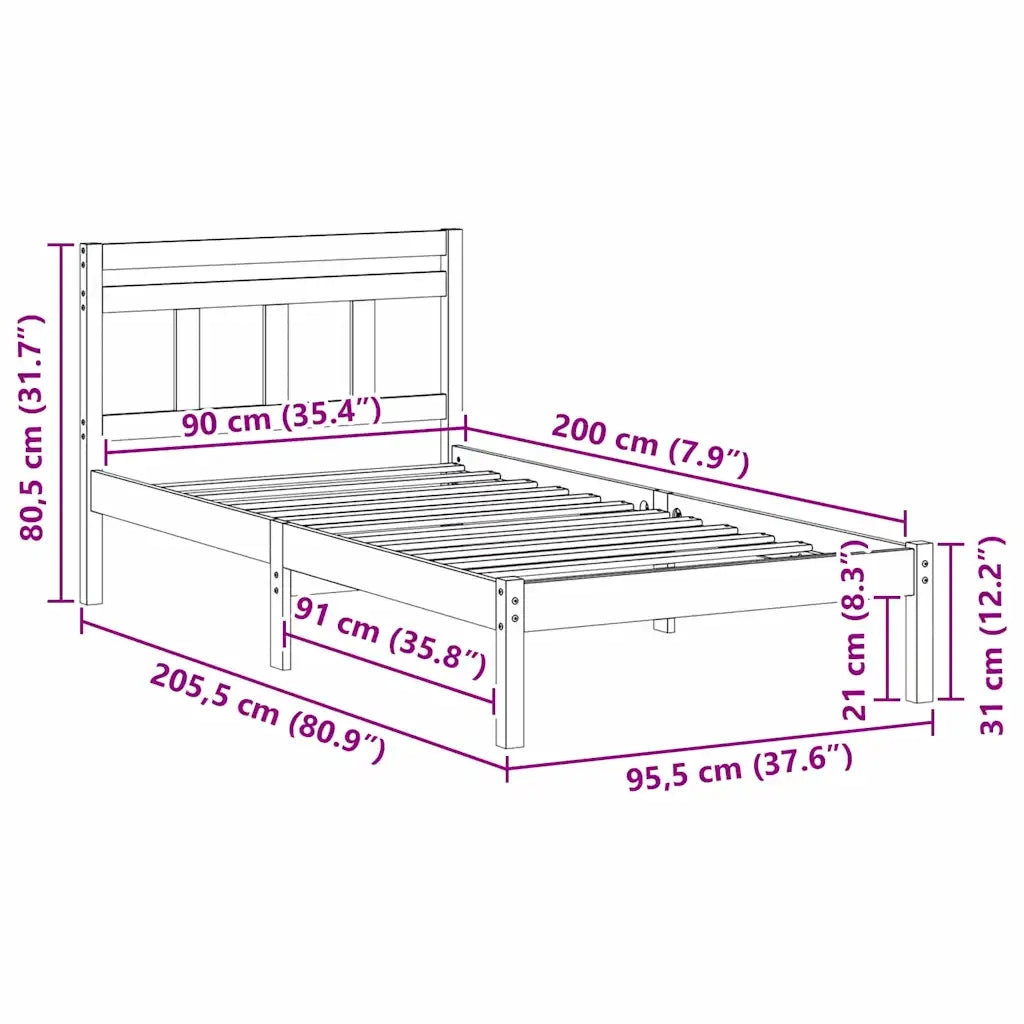Struttura del letto Bianco 90 x 200 cm Pino massello 872348