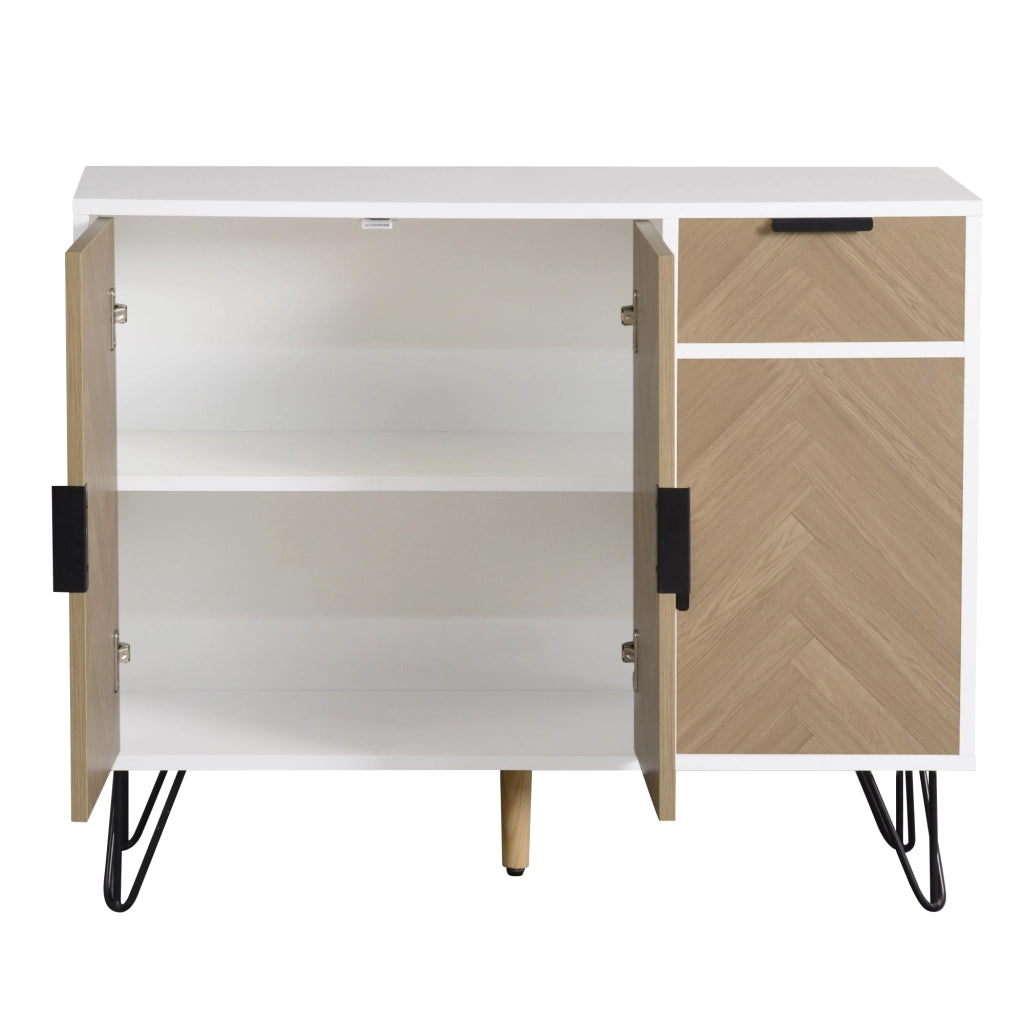 OKWISH Credenza Contenitore con 3 Ante e 1 Cassetto, Ripiani Regolabili, per Soggiorno Ingresso Camera, MDF, Bianco e Legno, 90 x 30 x 71,5 cm