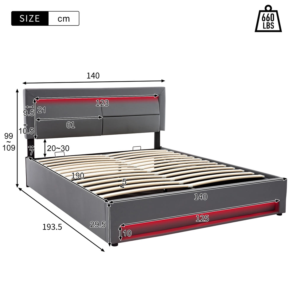 Letto Imbottito Contenitore ¨C MINIMAL ¨C Grigio, LED, USB, 140x190