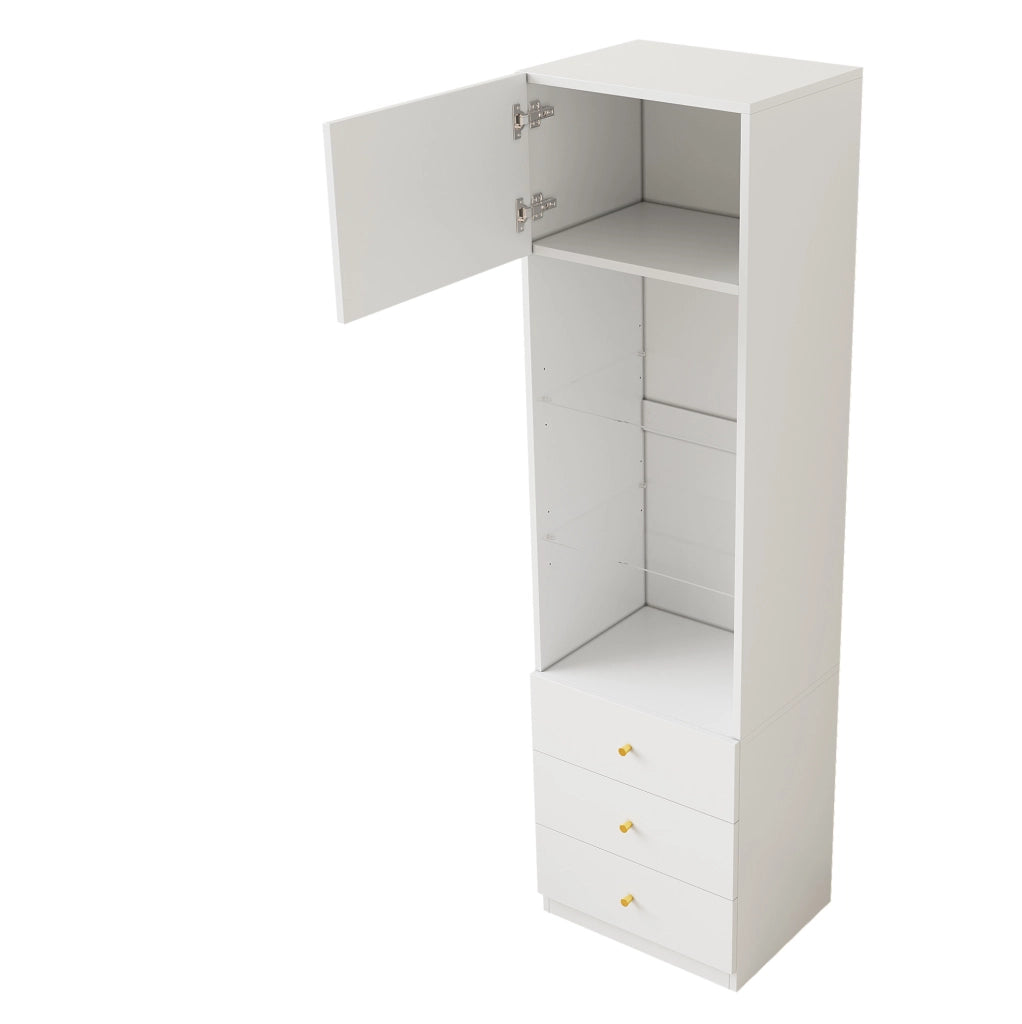 Set da 2 vetrine alte con ripiani in vetro regolabili e 3 cassetti; bianco; 100x40x180 cm