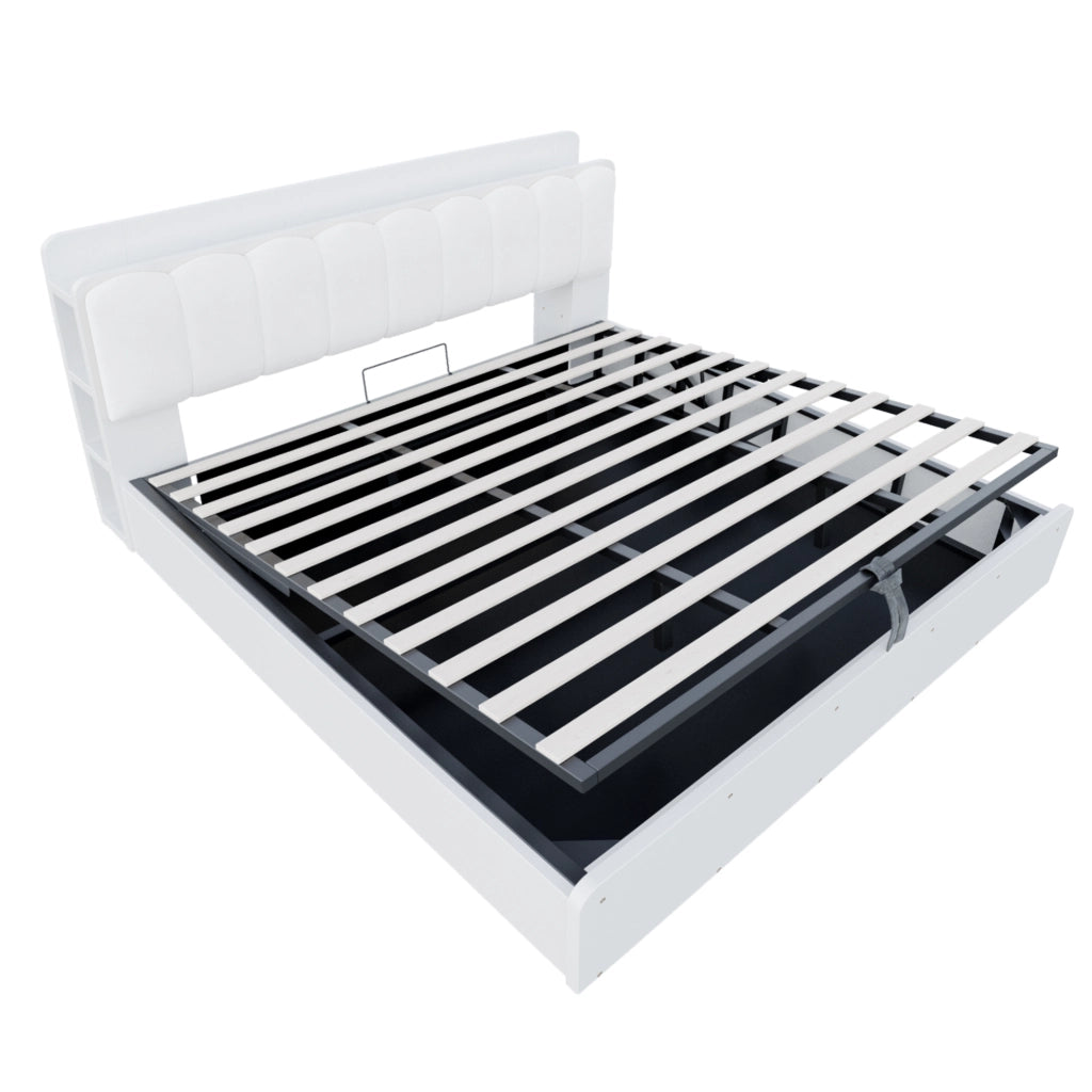 DESMIU Letto contenitore 180 × 200 cm 2 posti con testiera, USB, luce notturna e spazio, senza materasso, bianco