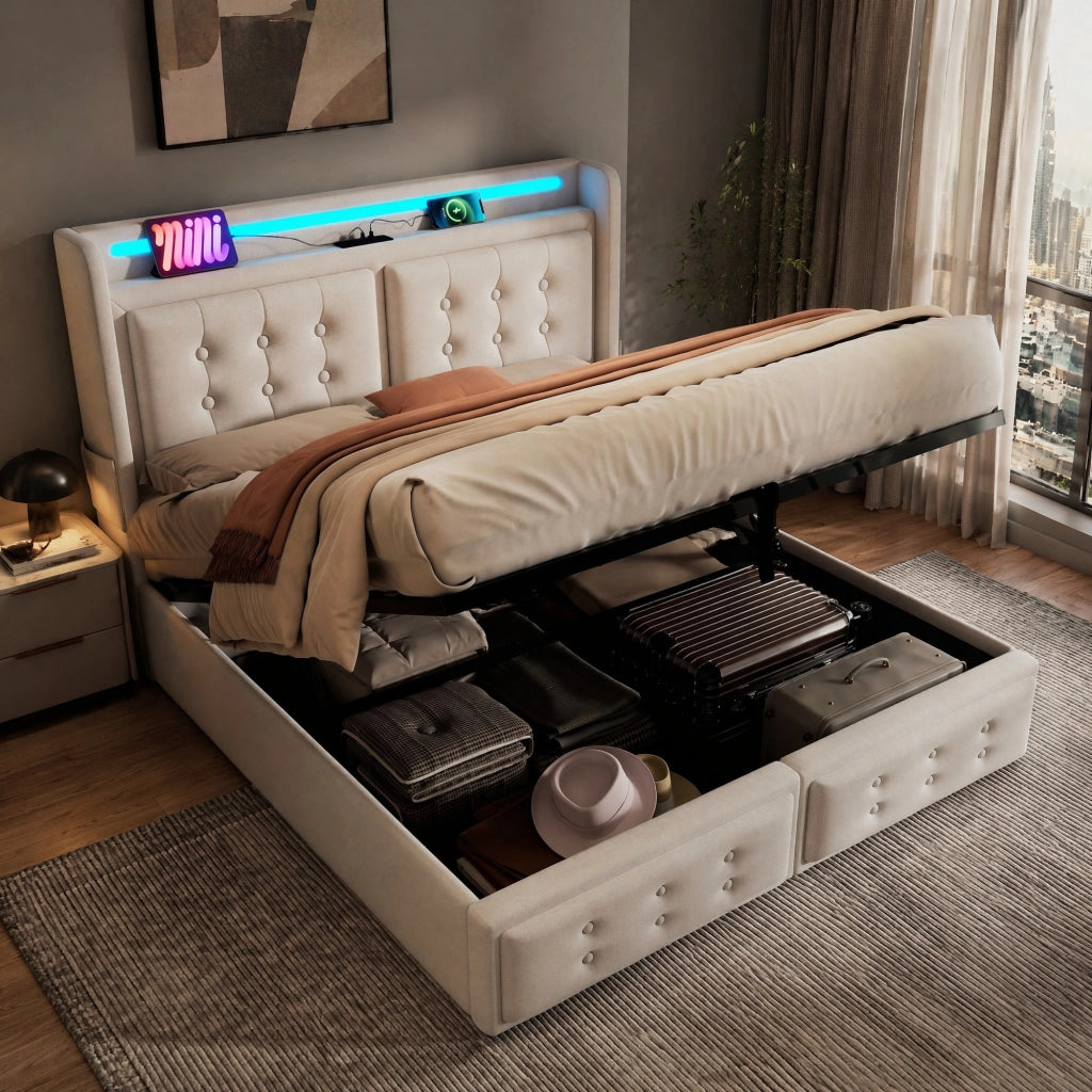 Letto imbottito 160x200 con testiera LED, prese e USB-C