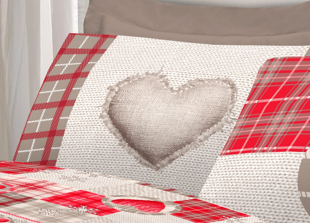 Completo Lenzuola Linea Pensieri Delicati 100% Cotone Disegno Love Mountain - Matrimoniale - Rosso