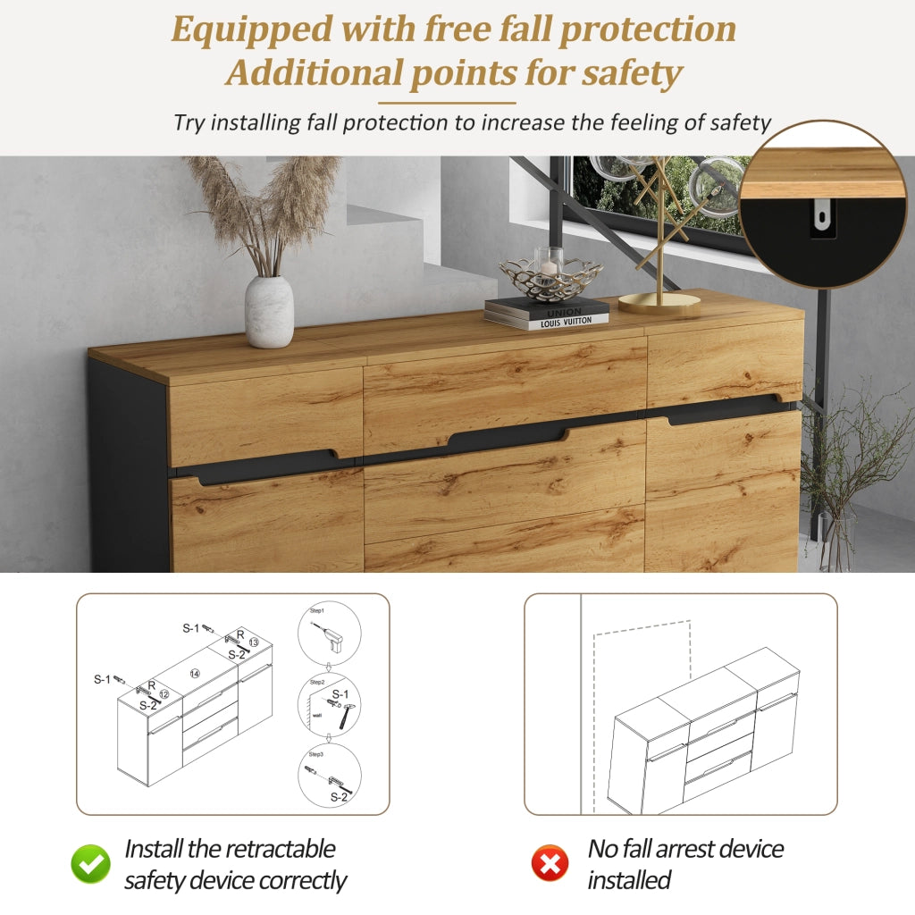 Credenza con 2 ante e 4 cassetti con ripiani e vano contenitore per soggiorno; in truciolare; nero e legno; 160×40×80 cm