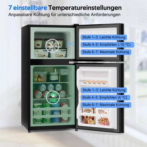 Mini frigorifero con congelatore; indipendente; volume totale 60L; congelatore da 22L; porta in vetro; illuminazione LED; basso rumore; scaffali rimovibili in vetro; nero