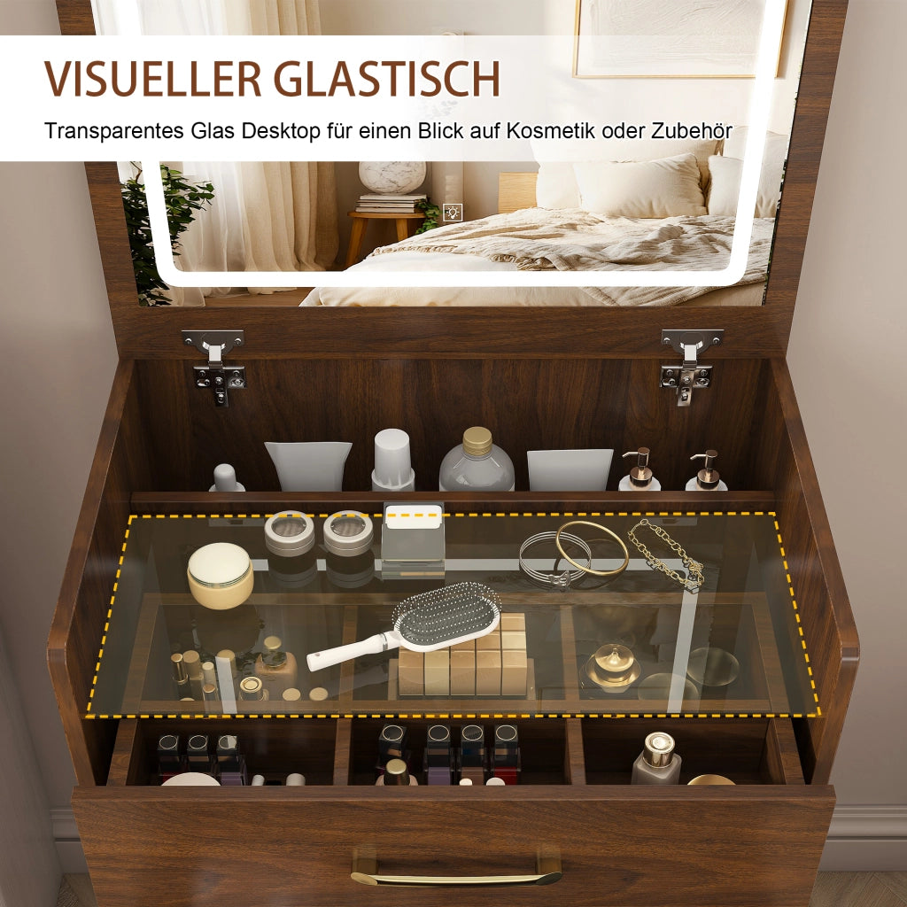 TOELETTIERA 3 in 1 60x118x40 cm Noce in MDF con specchio ribaltabile e sgabello