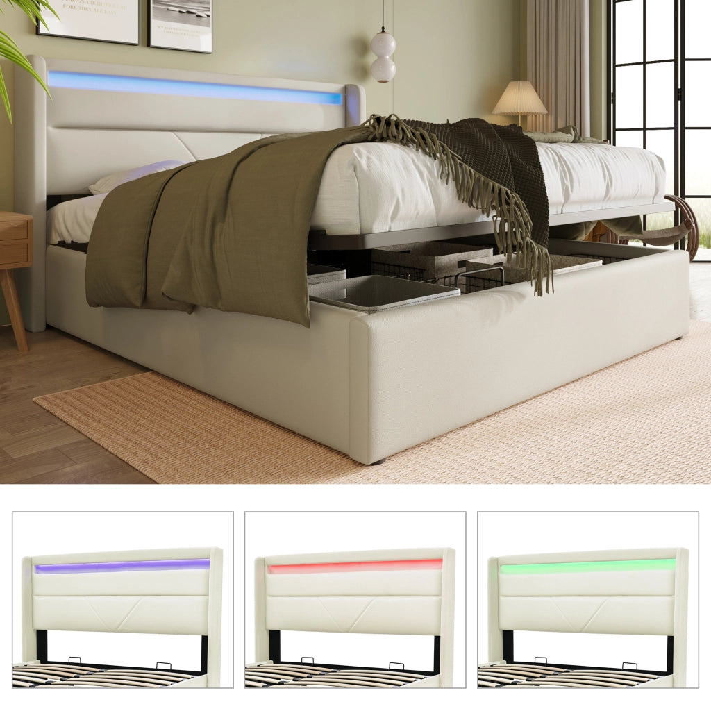 LETTO Contenitore 160x200 cm PU Bianco con LED e telecomando