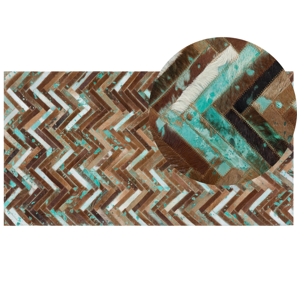 Tappeto marrone beige blu patchwork 80 x 150 cm in Pelle Bovina Artigianale soggiorno camera da letto