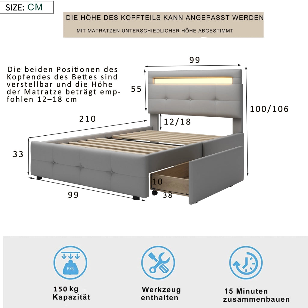 LETTO 90x200 cm con LED e 2 cassetti in tessuto grigio