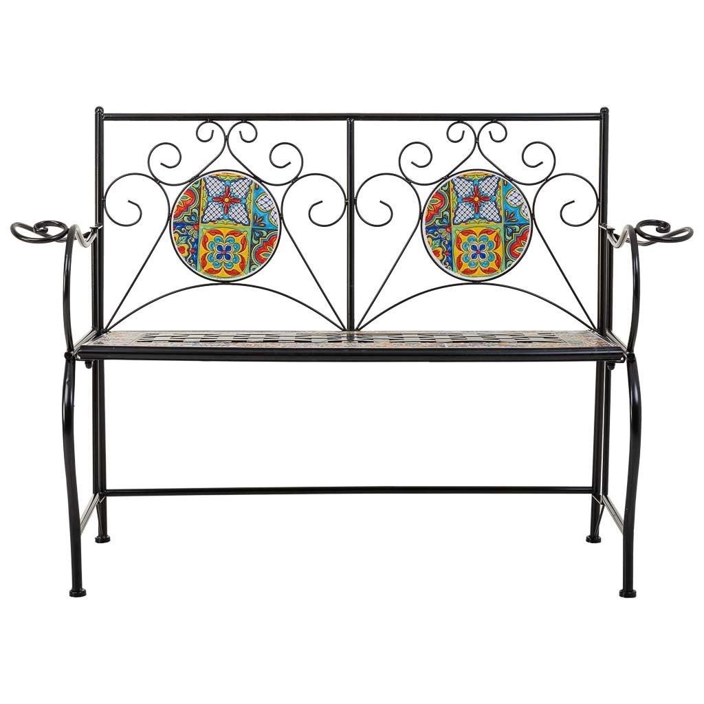 Sgabello in mosaico nero e ferro battuto 110x50x88h