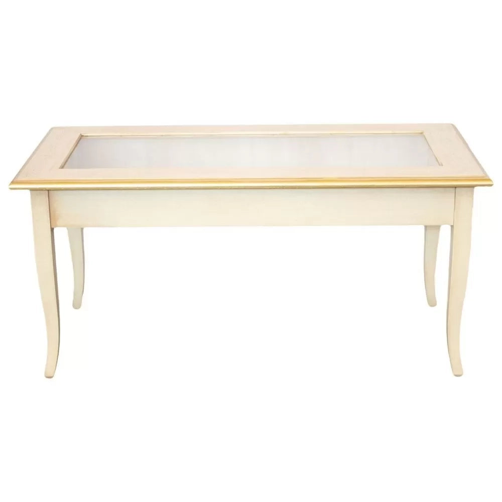 Tavolino bacheca shabby legno avorio anticato filo oro 100x50x47 - Mobili 2G