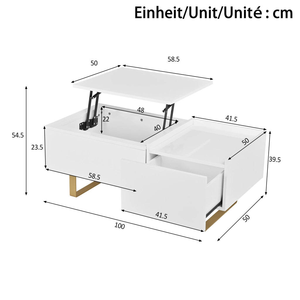 Tavolino basso sollevabile con cassetto e vano contenitore in MDF lucido per soggiorno bianco 100 × 50 × 54,5 cm