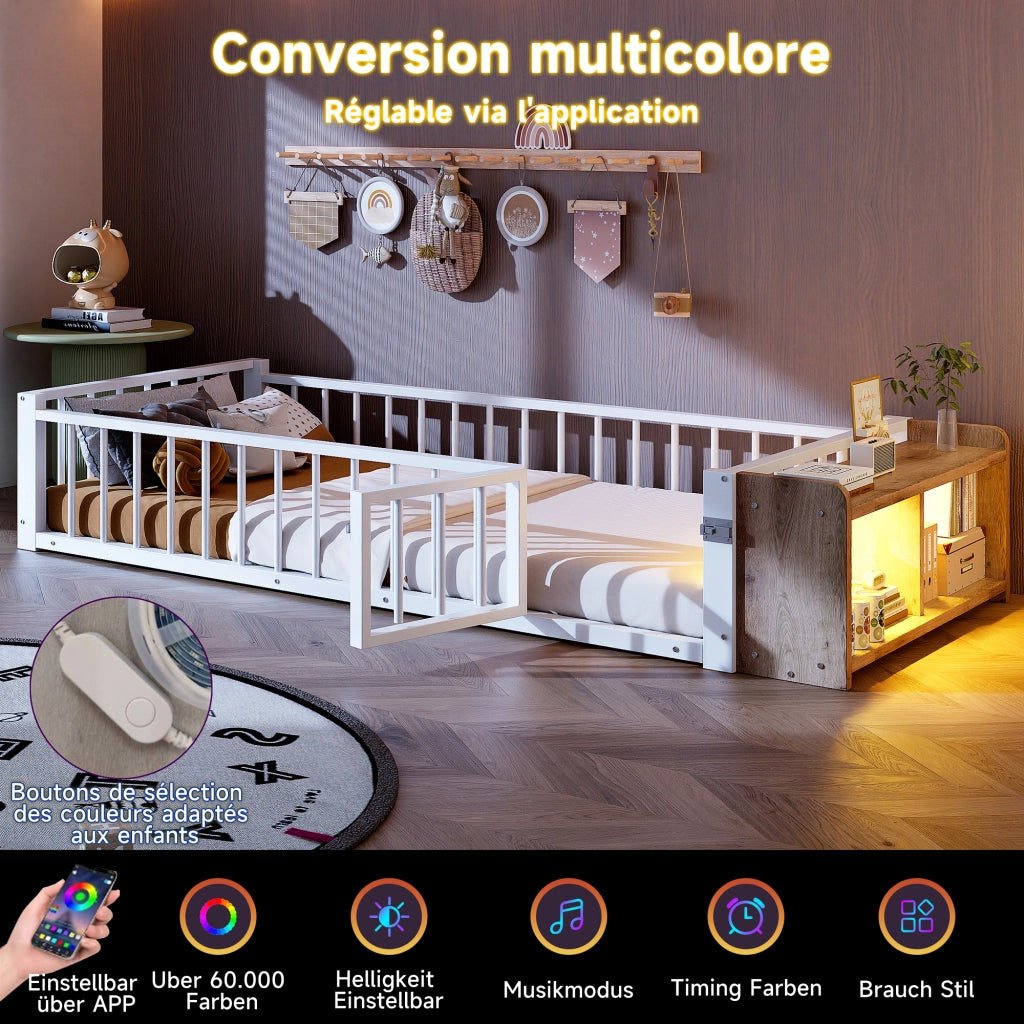 OKWISH Letto per Bambini 90 x 200 cm con Sponda, Vano Aperto e LED, senza Materasso, Metallo e MDF, Bianco