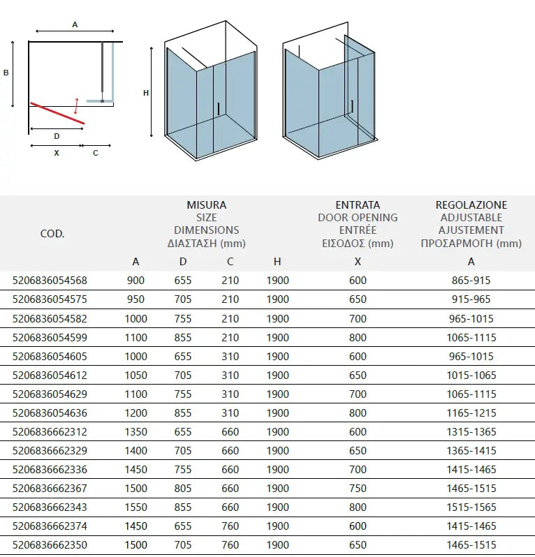Box Doccia H190 Anta Battente Cristallo 6mm - 80x95 - Ingresso 70 - Antina 21