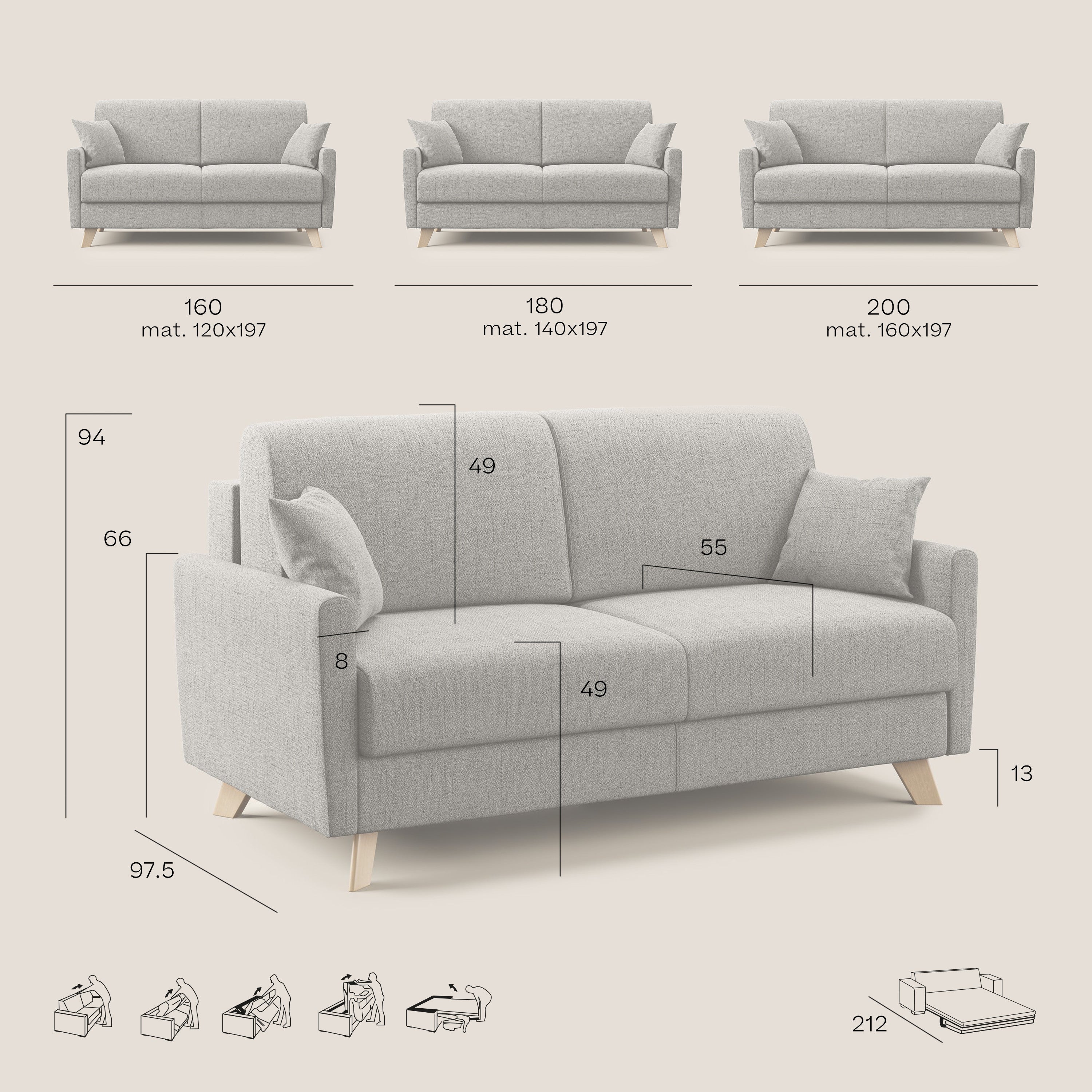 Divano Letto 3 Posti 200x94x97 cm in Tessuto Antracite