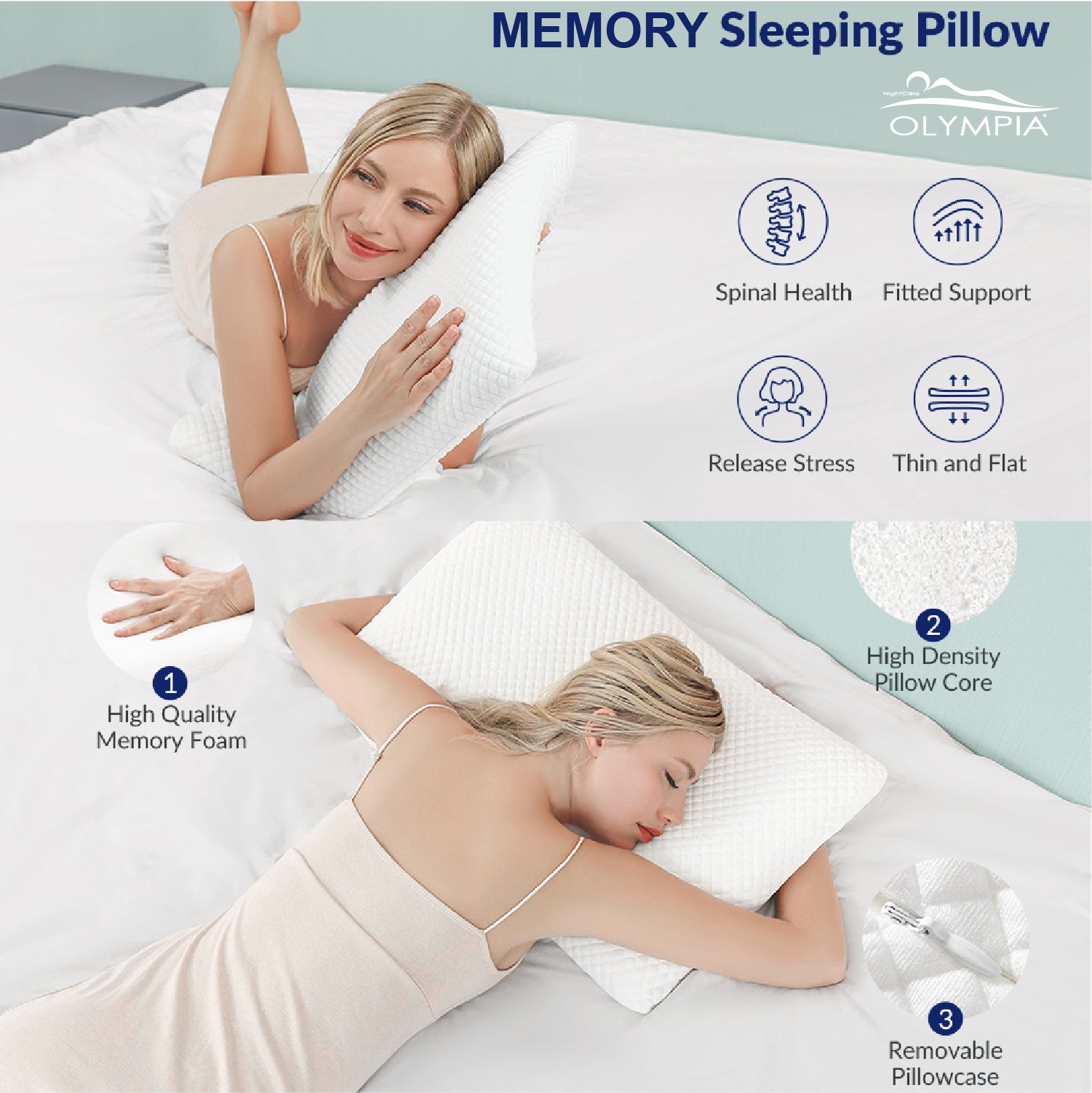 OLYMPIA Guanciale in Memory Foam Classic H15, Cuscino da Letto Premium per Dormire, Ergonomico e Traspirante Supporto Ottimale Collo e Cervicale