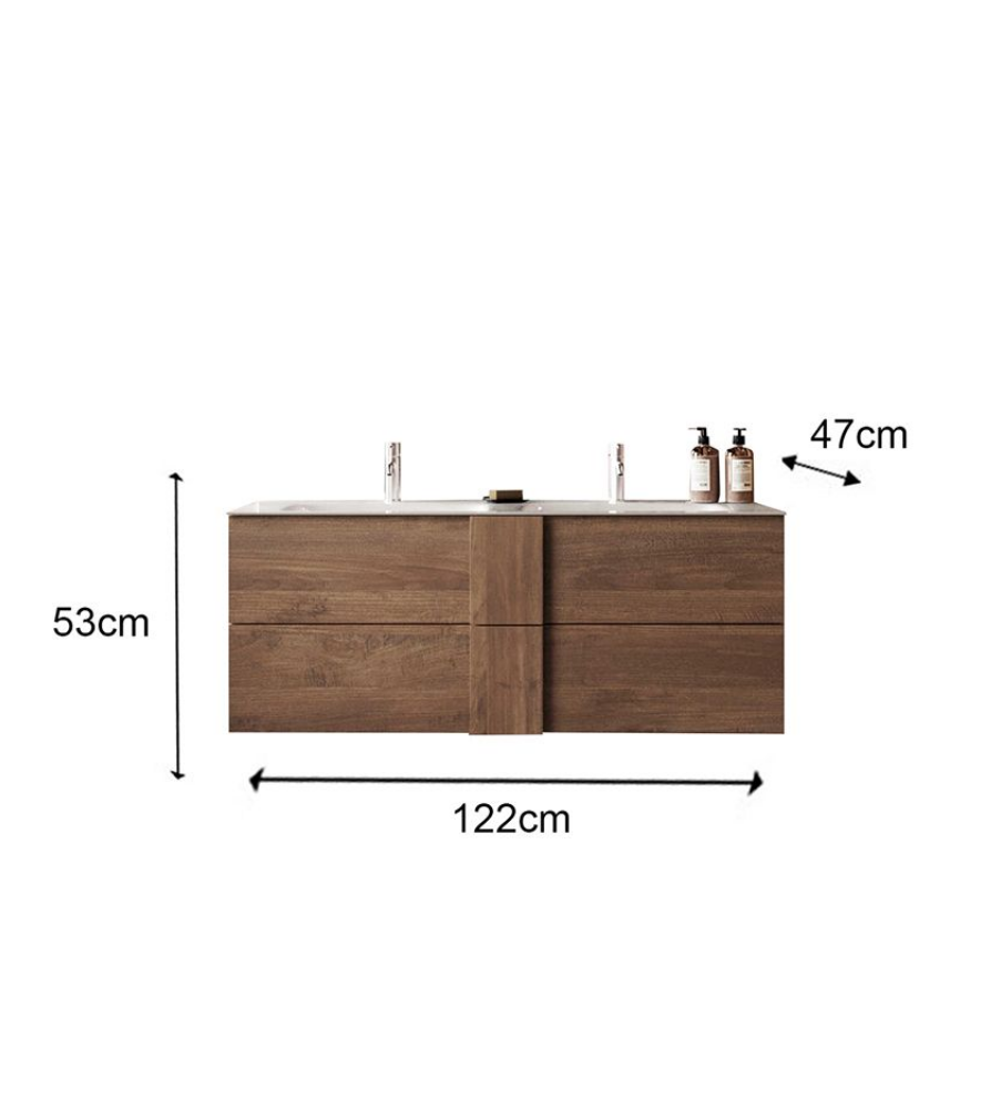 Mobile da bagno sospeso con doppio lavabo, finitura Mercure, Made in Italy 