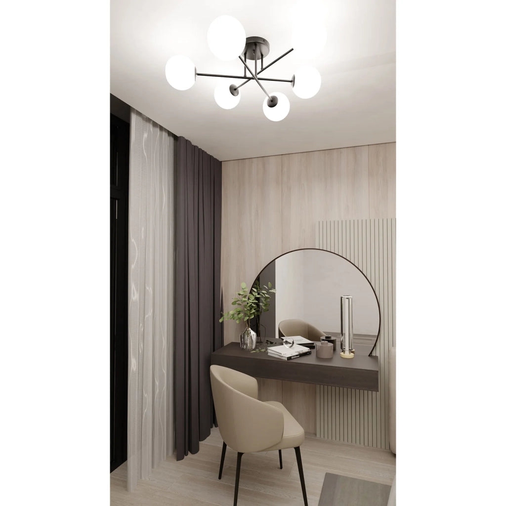 Plafoniera Moderna Morrigan 6 Luci In Acciao Nero E Sfere In Vetro Bianco