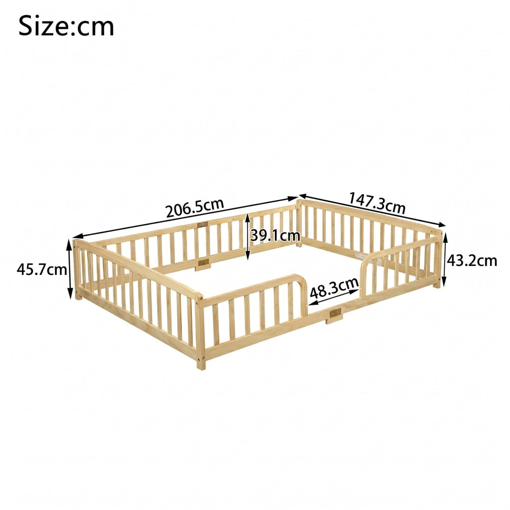 Lettino per bambini 140 x 200 cm, con spondine di sicurezza, senza piastra di base, colore del legno grezzo