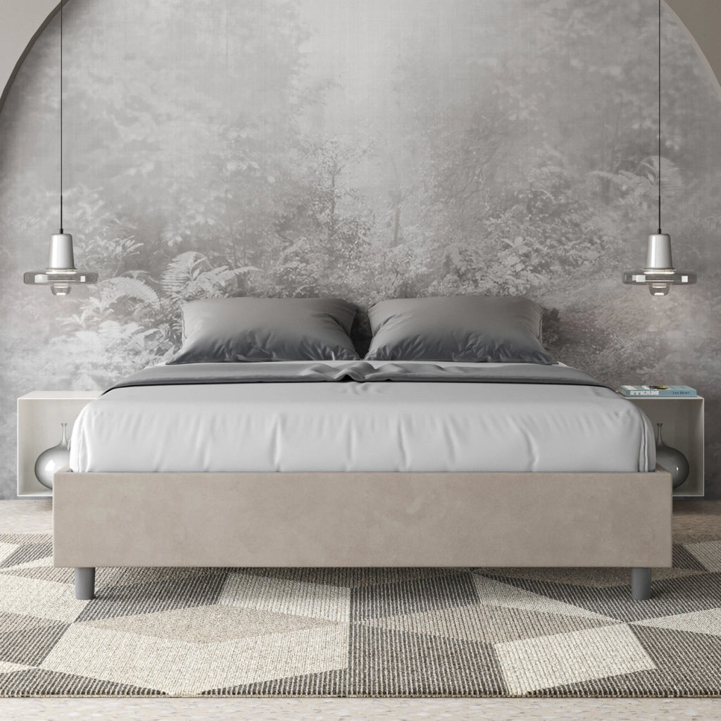 BS COM Letto queen size con rete imbottito 150x210 microfibra sabbia