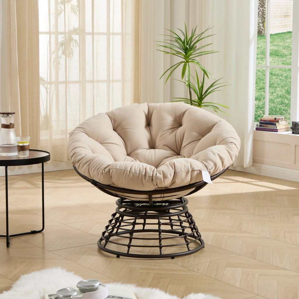 Chaise ergonomique confortable en osier papasan chaise int¨¦rieure ext¨¦rieure pivotante ¨¤ 360¡ã avec coussin ¨¦pais et doux id¨¦ale pour le salon la chambre la salle de lecture cadre marron avec coussin beige