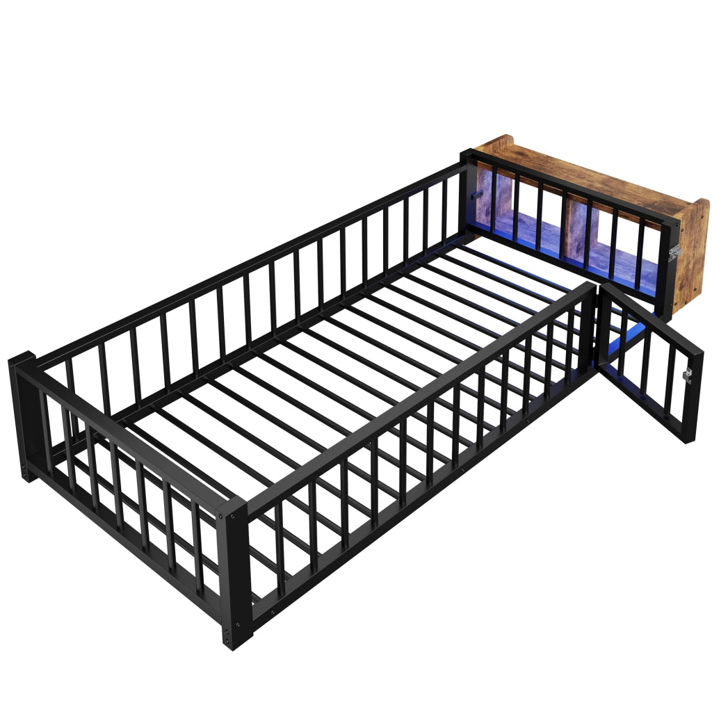 Letto singolo bambini 90x200 cm in metallo e MDF con sponda sicurezza, vano portaoggetti e LED, senza materasso