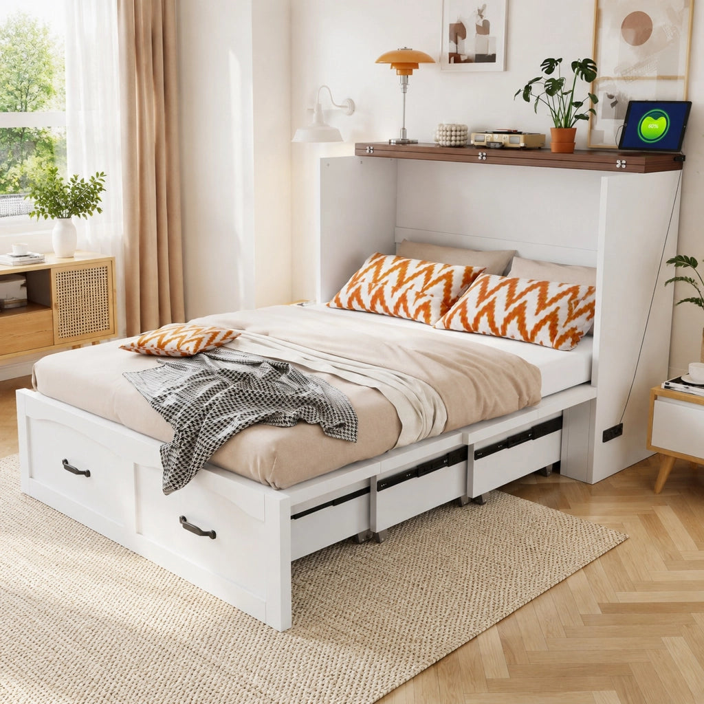 Letto pieghevole salvaspazio 140x200 cm con presa EU; struttura in metallo e legno; bianco