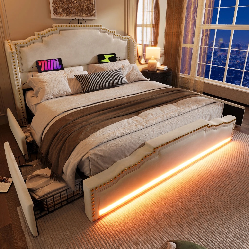 LETTO 160x200 cm in velluto beige con LED e porte USB/Type-C