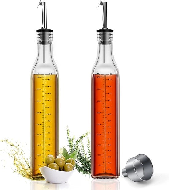Set di flaconi di olio 500 ml da 2, chiusura automatica con interruttore di azione, dispensatore di olio e flacone in vetro con grande capacità. Dispensatore di olio di oliva con beccuccio di servizio, scala di misura lineare.